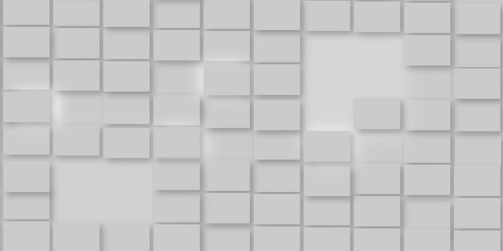 Random offset small white cubes, blocks or boxes background wallpaper banner with copy space. 3d architecture pattern design. Template for branding business. Squares Texture. 3D Rendering .
