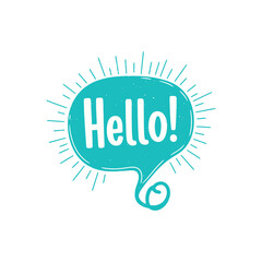 Turquoise speech bubble saying hello greeting design.