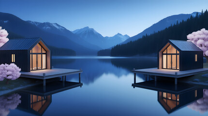 Fototapeta premium Modern Architectural Homes on Lake with Mountain View at Twilight