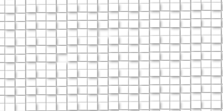 Random offset small white cubes, blocks or boxes background wallpaper banner with copy space. 3d architecture pattern design. Template for branding business. Squares Texture. 3D Rendering .
