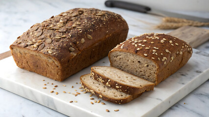 Two loaves of whole grain bread with seeds and sliced pieces on a marble board