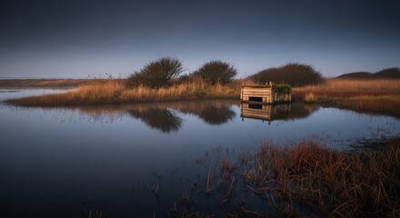 Tranquil rural landscape with rustic boathouse reflected in calm water at dusk
