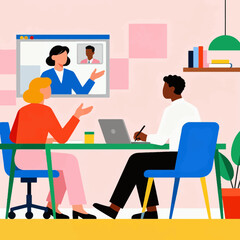 Dynamic team collaboration during a virtual meeting, fostering innovation and productivity in a modern workspace, ideal for remote business communications