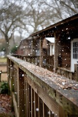 Snowy wooden porch with house and trees in background