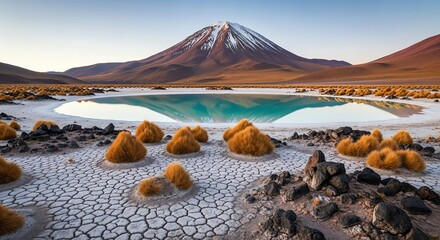 Vibrant turquoise lagoon reflects snow capped volcano in a stark desert landscape with unique flora
