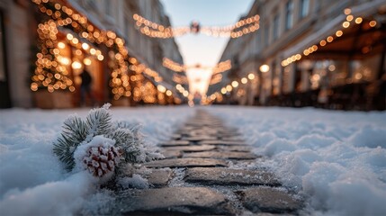 Festive streetscape with snow and Christmas lights, winter season