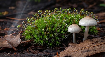 Tiny white mushrooms grow in lush green moss covered with sparkling water droplets after rain