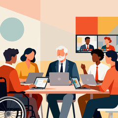 Dynamic and diverse team collaborating on laptops during a video conference, fostering inclusivity and modern business solutions for global success