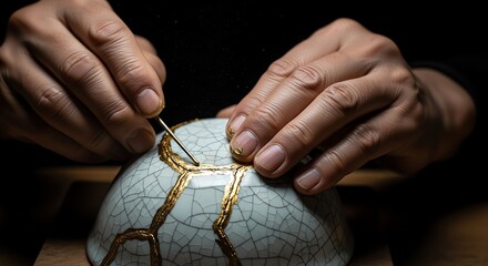 Skilled artisan hands meticulously repairing a delicate antique porcelain vase with gold accent