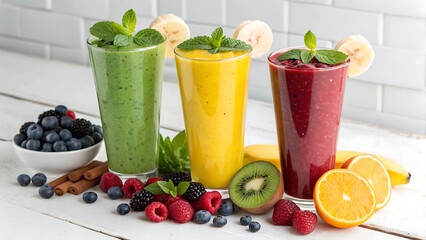 Three colorful healthy fruit smoothies with fresh ingredients