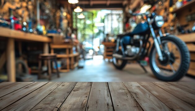 Garage Shop With Technician Repairing Motorcycle On Wood Floor With Abstract Blurred Background. Motorcycle Service In Action. - Powered by Adobe