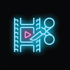 Neon glowing icon of a pair of scissors cutting a film strip, symbolizing video editing