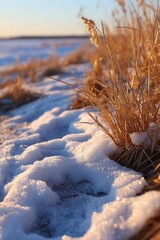 Snowy winter landscape with golden grass, natural background 