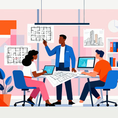 Inspiring diverse architectural team collaborating on blueprints in modern office, driving innovation and success for urban development projects