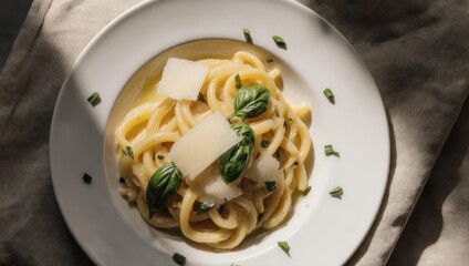 A beautiful serving of Italian pasta with fresh herbs and cheese.