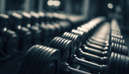High Contrast And Monochrome Tone Showcasing Rows Of Dumbbells In The Gym, Creating A Striking And Bold Visual Impact.