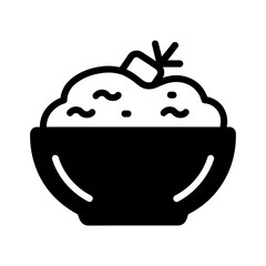 Minimalist Black Glyph Icon of Food Bowl with Garnish