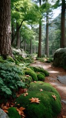 Lush Forest Floor Covered in Vibrant Green Moss and Fallen Autumn Leaves Leading Along a Winding Path Through Tall Pine Trees with Soft Natural Light Filtering Through the Canopy