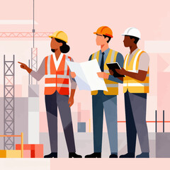 Team of engineers collaborating on construction project blueprints, diverse professionals ensuring precision and safety, modern architectural development planning