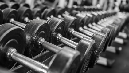 Monochrome Tone Enhances Rows Of Dumbbells In Gym With High Contrast. The Weightlifting Equipment Stands Out In Black And White.