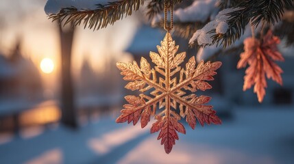 Festive snowflake ornament hanging on a snowy winter day