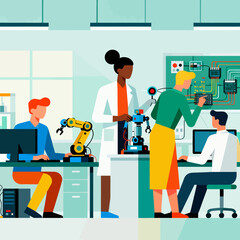 Modern scientists collaborate on robotics project in bright lab setting, fostering innovation and discovery, driving scientific advancement, perfect for tech ventures
