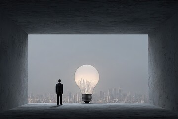 Obraz premium A silhouetted figure gazes at a cityscape within a glowing lightbulb, symbolizing innovation