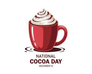 National Cocoa Day vector. Red mug of hot chocolate icon vector. Cup of cocoa with whipped cream and candy cane vector. Cocoa Day Poster, December 13.