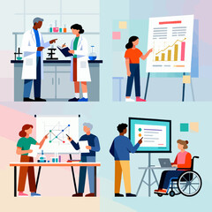 Diverse professionals collaborating, analyzing data, and presenting in science, business, and technology settings, fostering innovation and growth