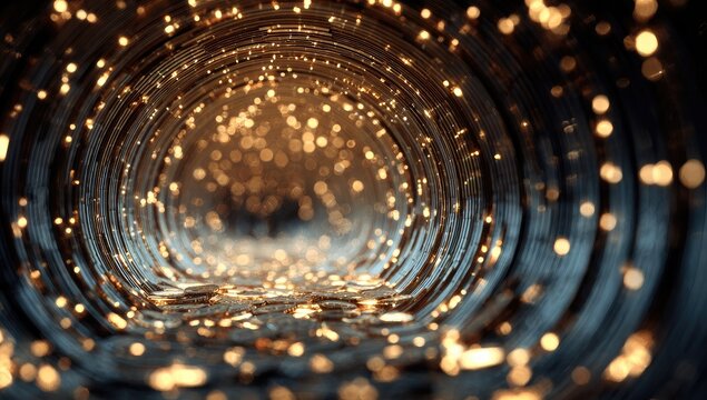 Abstract tunnel with illuminated, blurred particles, suggesting movement and depth. Metallic texture