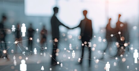 Blurry silhouette image of a business meeting, handshake, and network connections