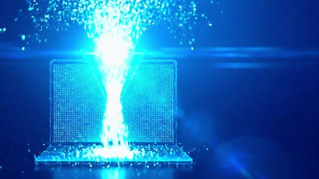 Digital data filtering through a funnel concept on a futuristic laptop screen with binary code