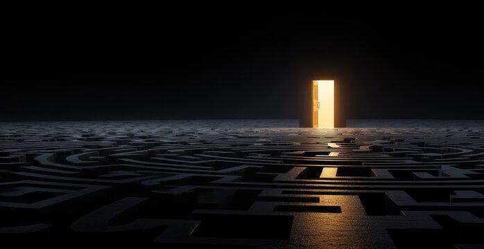 A dark, textured floor with a maze pattern leads to a glowing doorway in the distance