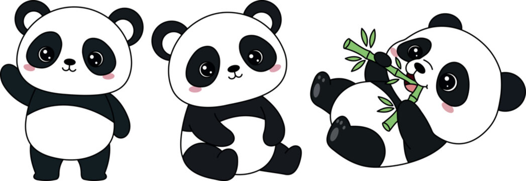 Cute Cartoon Panda | Kawaii Panda Eating Bamboo | Adorable Panda Vector Clipart