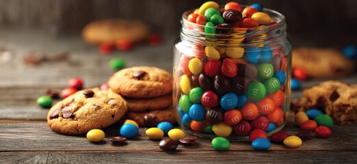 A jar of colorful candy sits among chocolate chip cookies on a wooden surface. Scattered treats