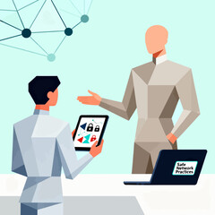 Two colleagues discussing security protocols for network safety using modern technology, ensuring safe network practices and data protection in business settings