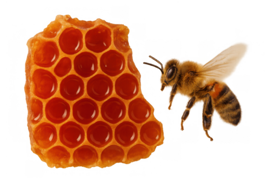 Honey bee flying near golden honeycomb full of sweet nectar, apiary produce on transparent background