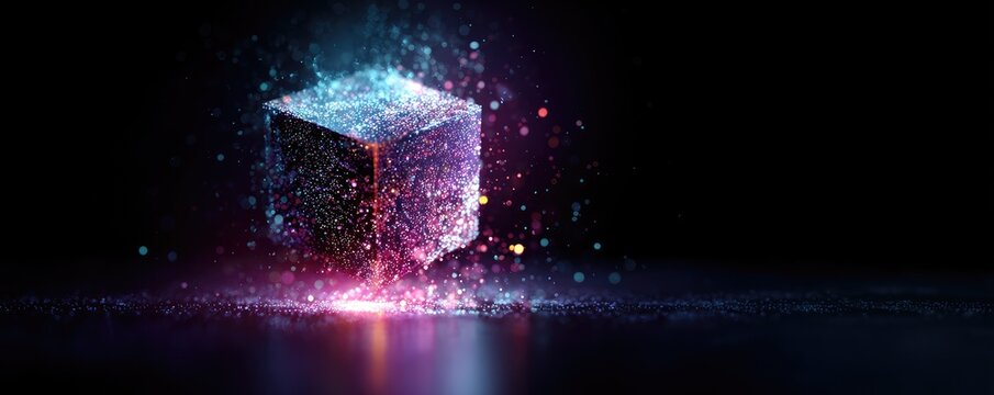 A glowing cube surrounded by particles and light, with a reflective surface and a dark background