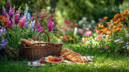 A Serene Outdoor Picnic Scene Surrounded by Vibrant Flowers Featuring Fresh Baguettes, Assorted Fruits, and a Cozy Blanket on the Lush Green Grass