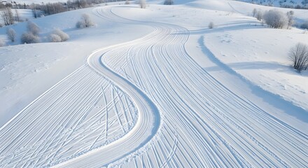 A winding path carved through a vast, snow-covered landscape with gentle rolling hills and sparse trees, showcasing the serene beauty of winter.