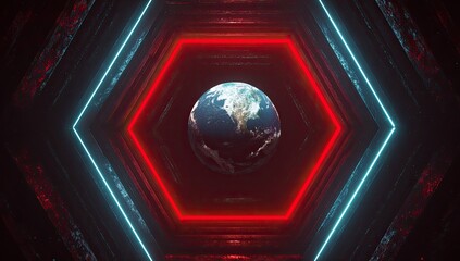 A neon-lit, hexagonal tunnel frames a detailed globe of Earth, hinting at a cosmic setting