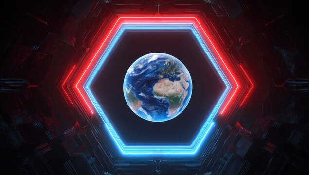 Futuristic depiction Planet Earth encapsulated within a glowing hexagonal neon frame in a dark tunnel