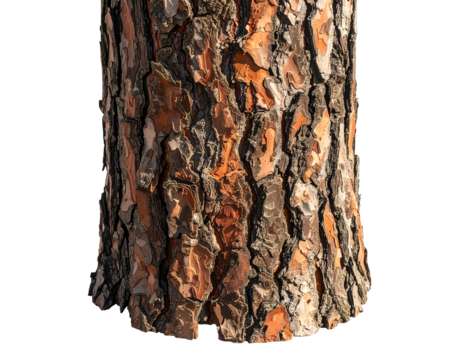 Close-up of a tree trunk. Textured bark with patches of orange and dark brown