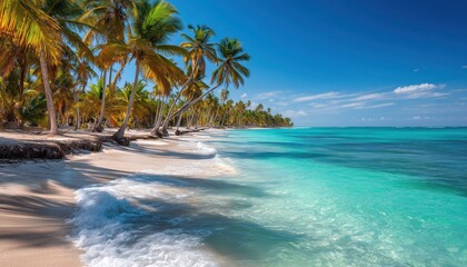 Tropical Paradise: Palm Trees On The Beach In Punta Cana, Dominican Republic, On Saona Island In The Caribbean. A Scenic View.