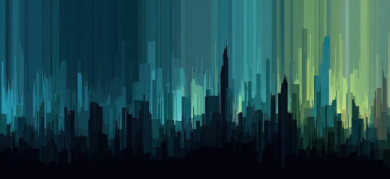 Abstract image of a cityscape with long, vertical lines in teal, green, and black colors