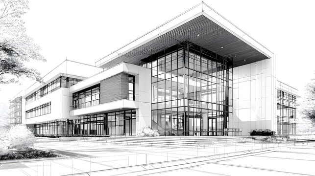 white background Modern Architecture building construction perspective design, building sketch line drawing