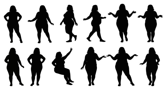 Diverse silhouettes of plus size woman striking various poses against white background