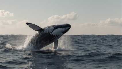 Fototapeta premium A majestic whale leaps powerfully from the ocean surface.