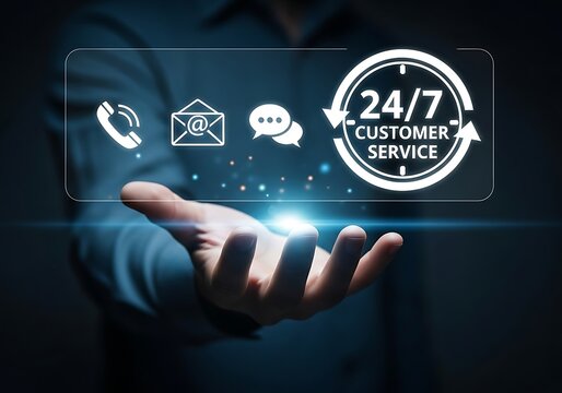 Holographic display showing a contact us portal with 24/7 availability and multiple contact options.