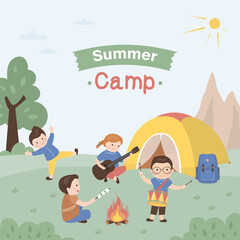 Summer Camp for kids. Happy girl with guitar and boy scout sing songs, roasting marshmallows. Team of scouts sitting near campfire and tent. Kids summer camp with school tour.